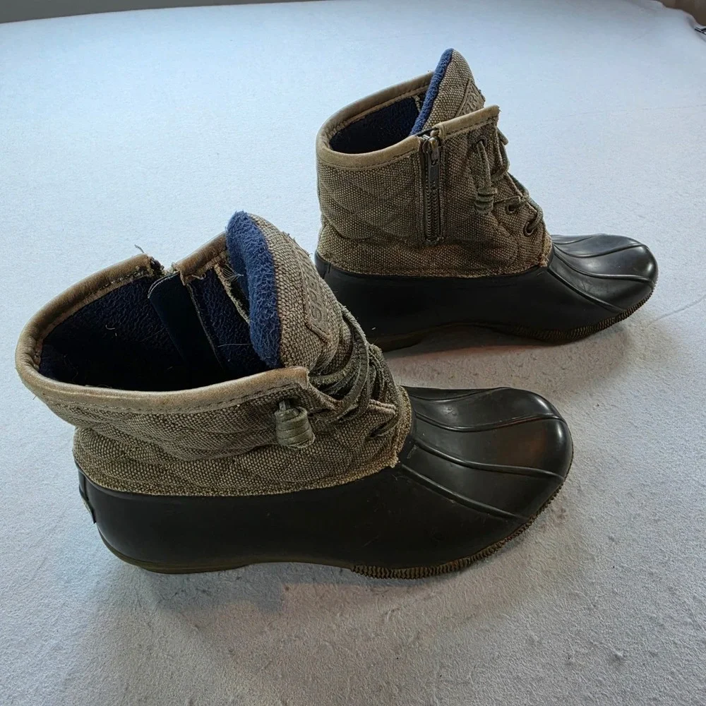 Sperry Saltwater Duck Boots Womens 7 Olive Green Brown Waterproof STS99132
